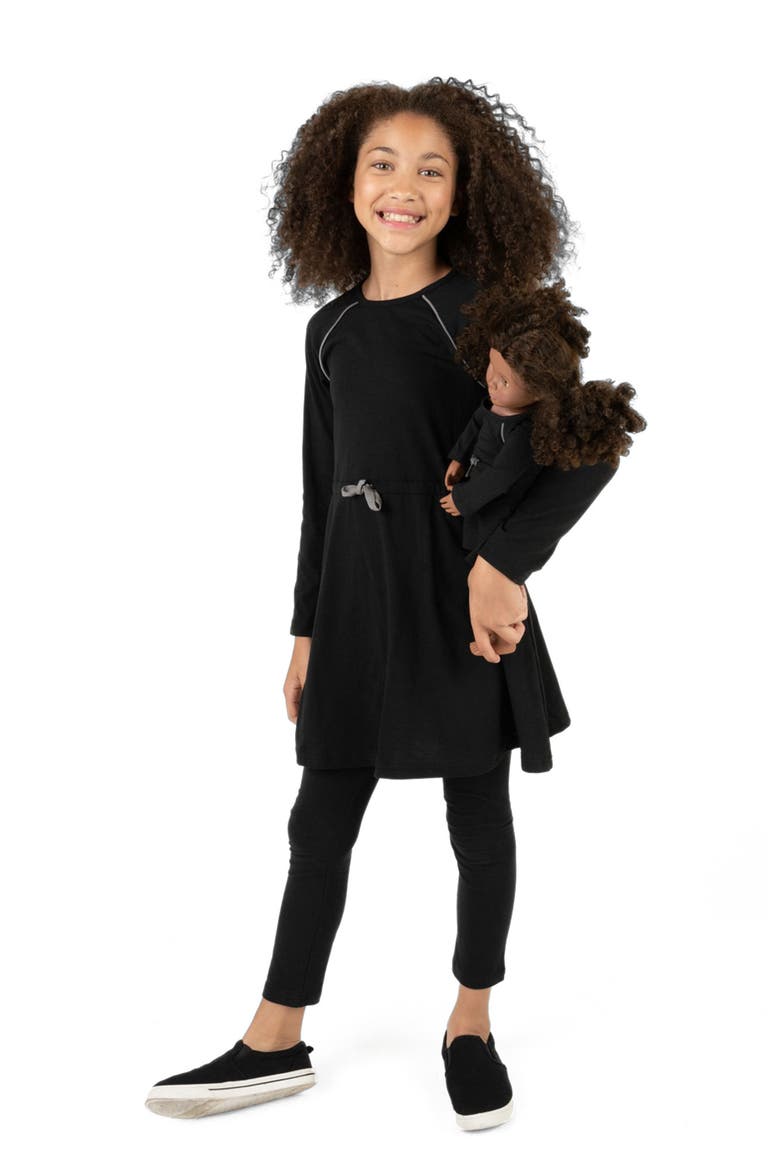 Girls Bow Tie Dress with Matching Doll Dress, Alternate, color, BLACK