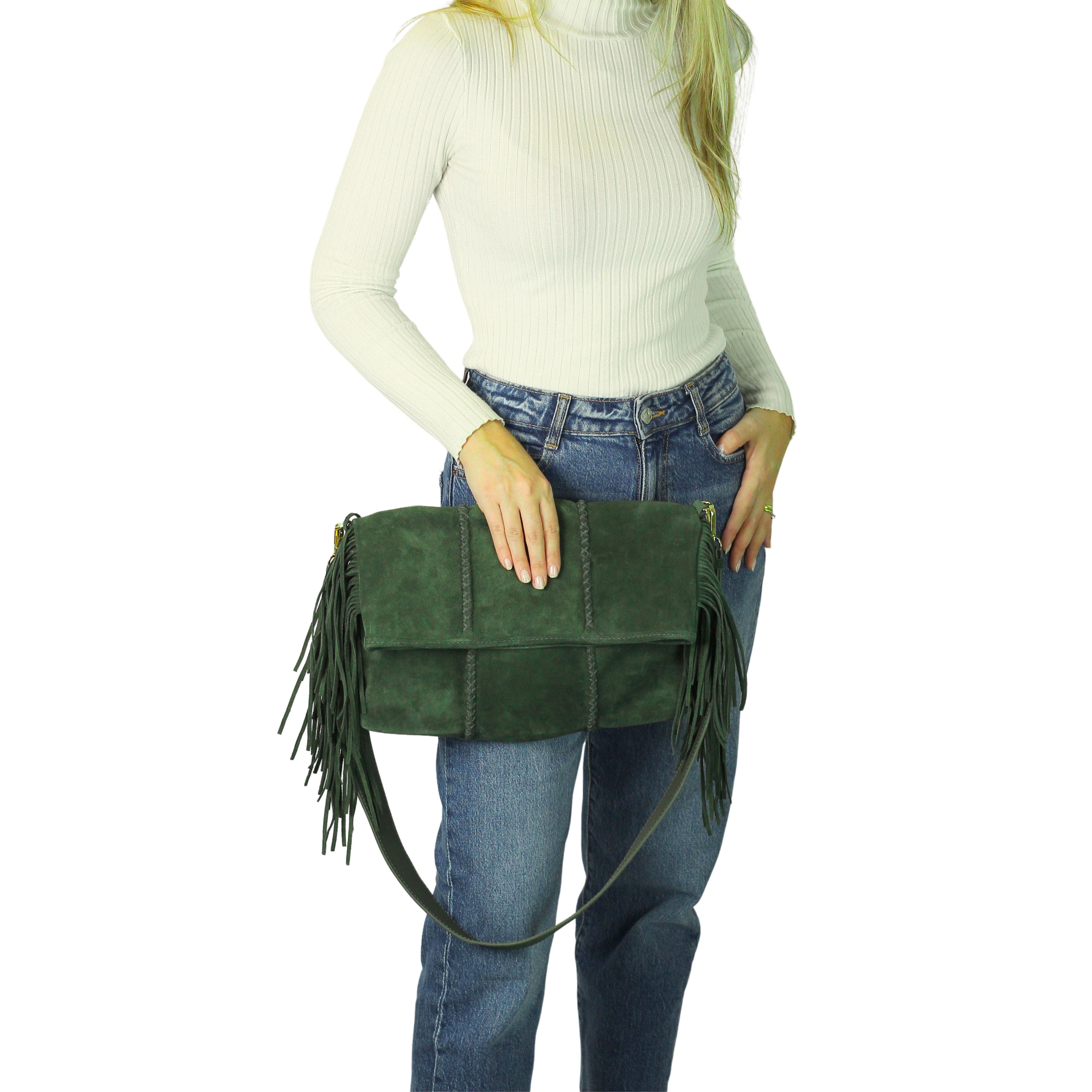 Fringe Suede Crossbody Messenger Bag, Alternate, color, Olive