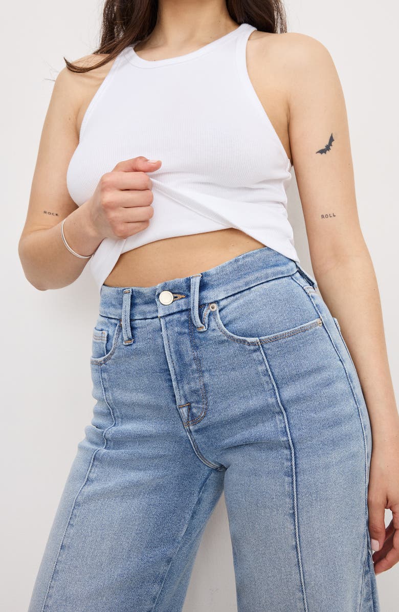 Good American Good Petite Raw Hem Seamed Palazzo Jeans, Alternate, color, Indigo957