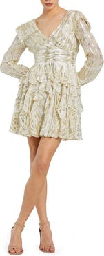 Mac Duggal Long Sleeve Ruched Ruffle Mini Dress