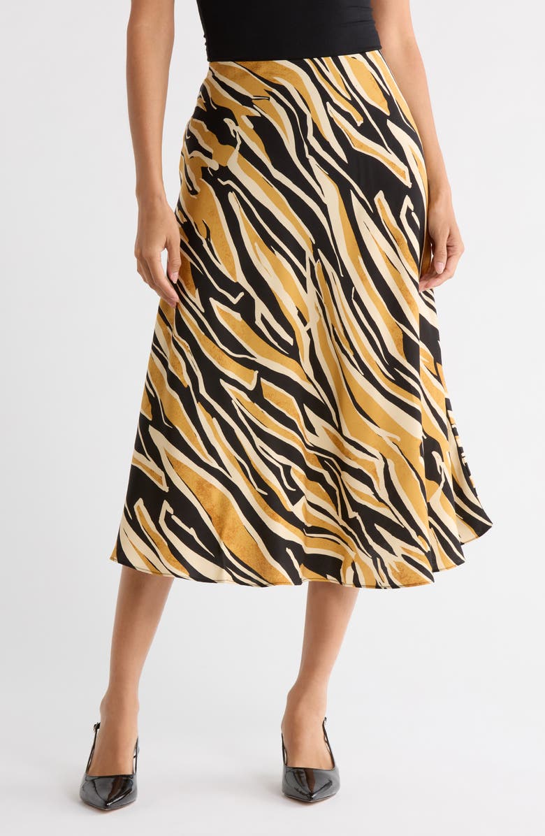 T Tahari Printed Satin Bias Skirt, Main, color, Orange/ Ivory/ Black Marble