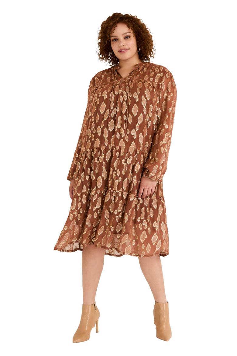 Coraline Metallic Print Georgette Dress, Main, color, REDWOOD BURL