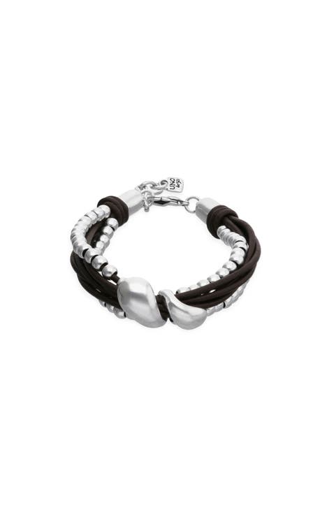 Leather Bracelet with Dual Silver-Tone Drops