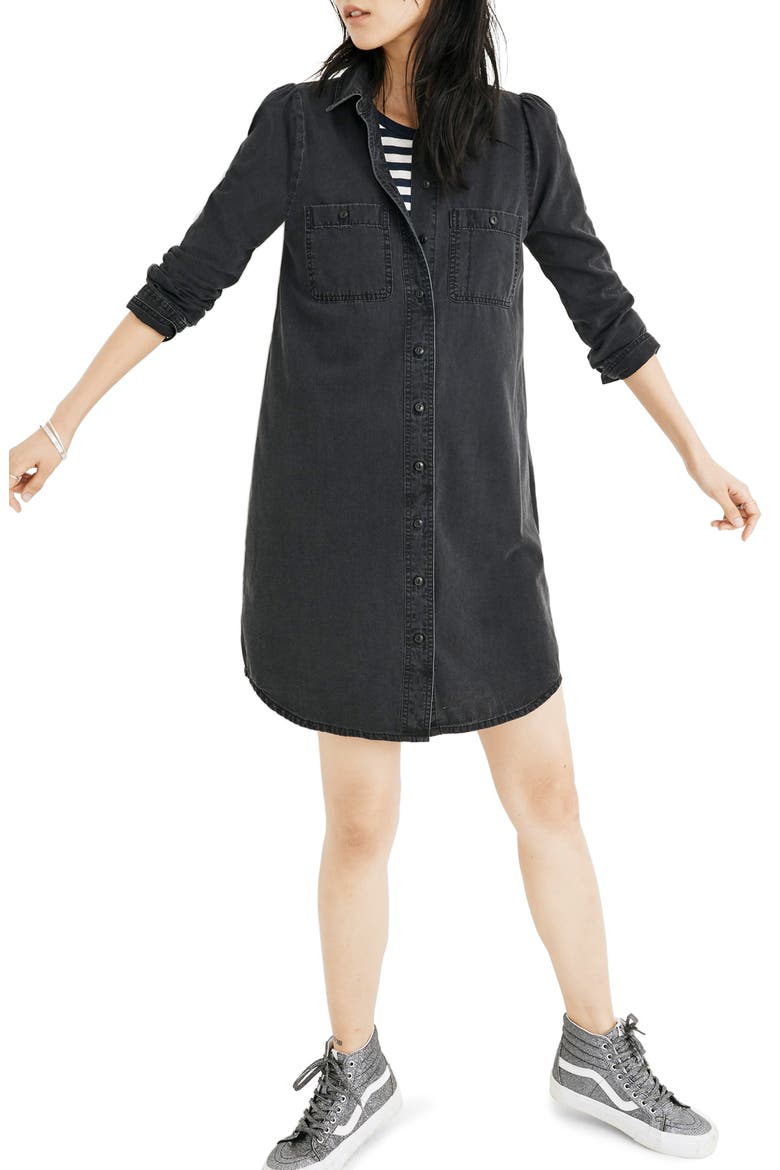 Denim Puff Sleeve Shirtdress, Main, color, KELSEY WASH