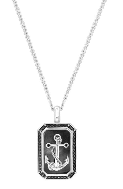 Sterling Silver Hematite & Black Spinel Anchor Tag Pendant Necklace