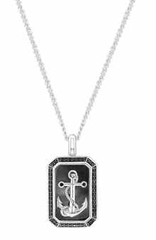 Sterling Silver Hematite & Black Spinel Anchor Tag Pendant Necklace