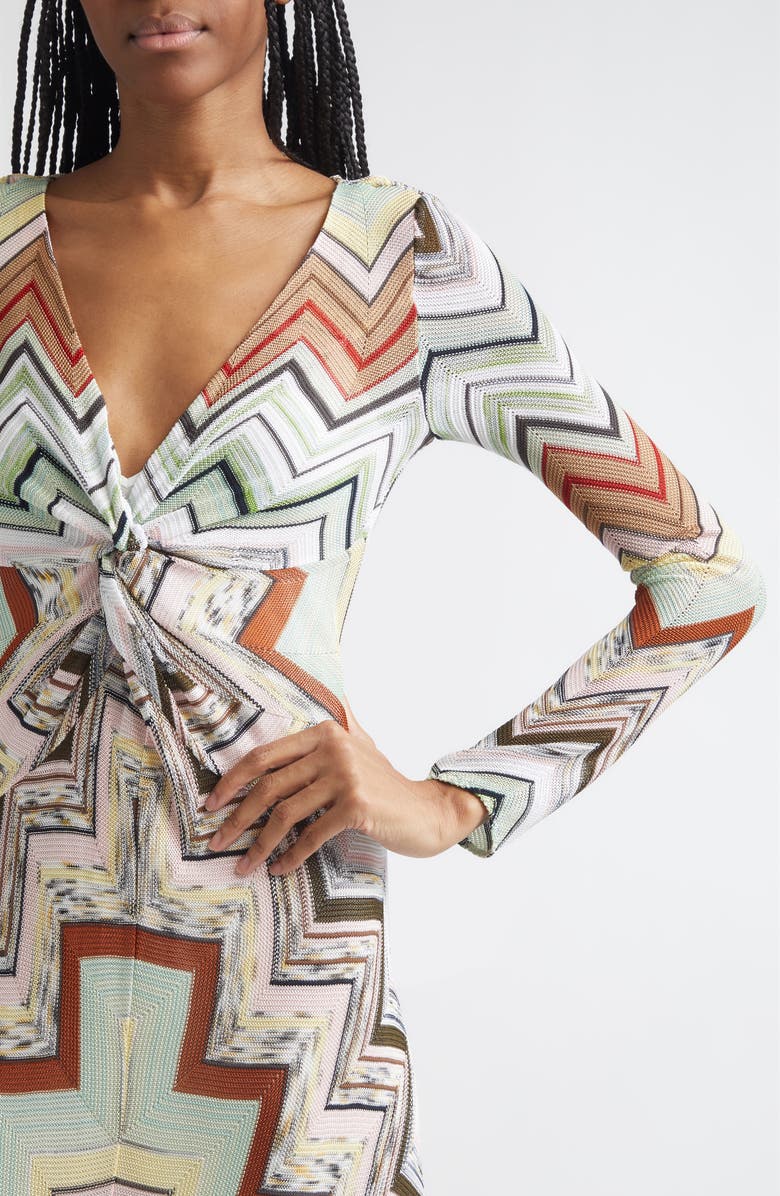 Missoni Long Sleeve Twist Front Zigzag Knit Maxi Dress, Alternate, color, Multi Green Camel White Pink