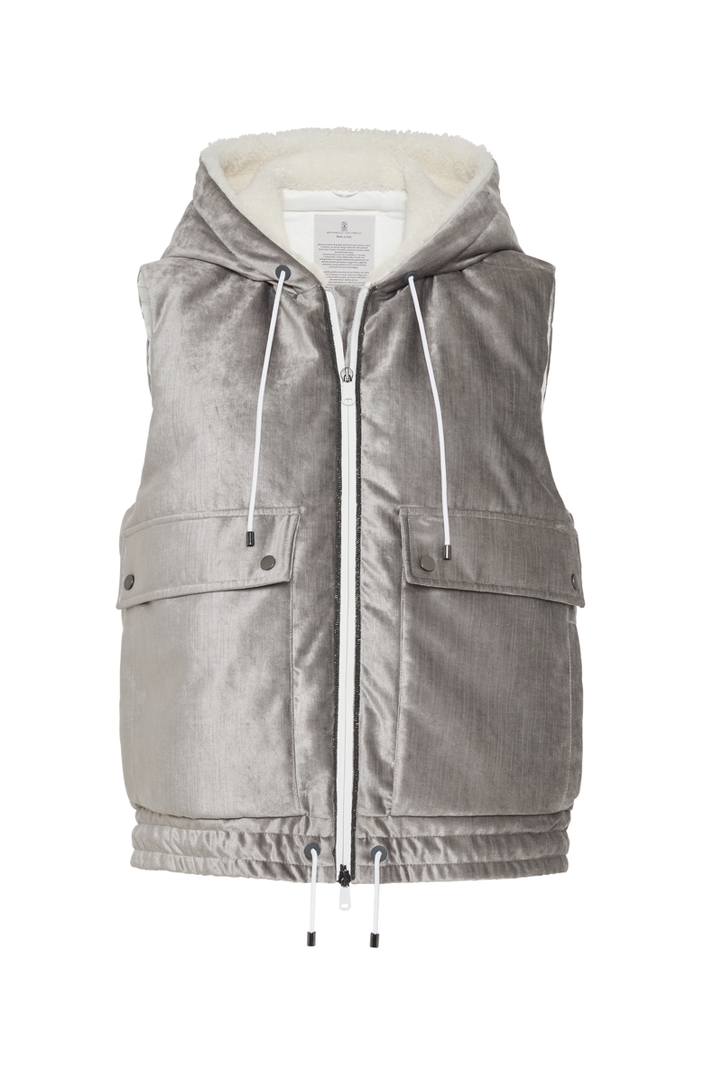 Brunello Cucinelli Cotton and viscose sleek velvet down vest with shiny trims, Main, color,