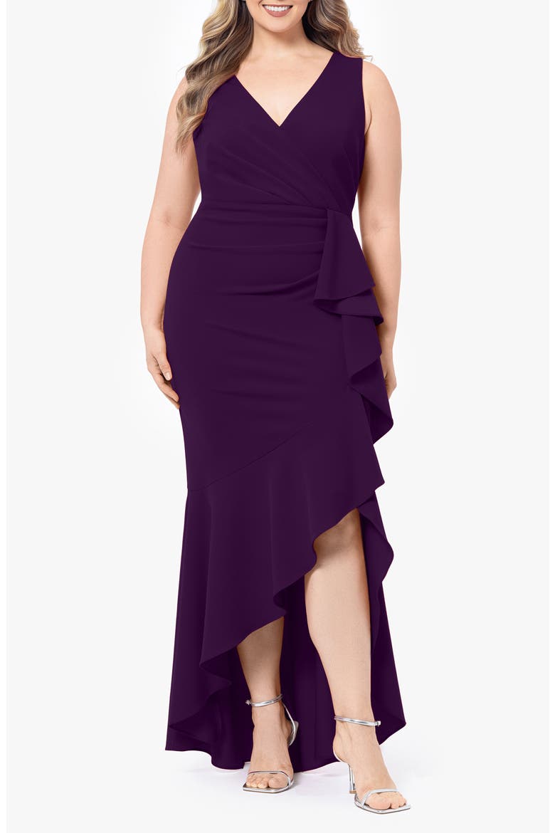 Sleeveless High-Low Ruffle Gown, Main, color, MULBERRY