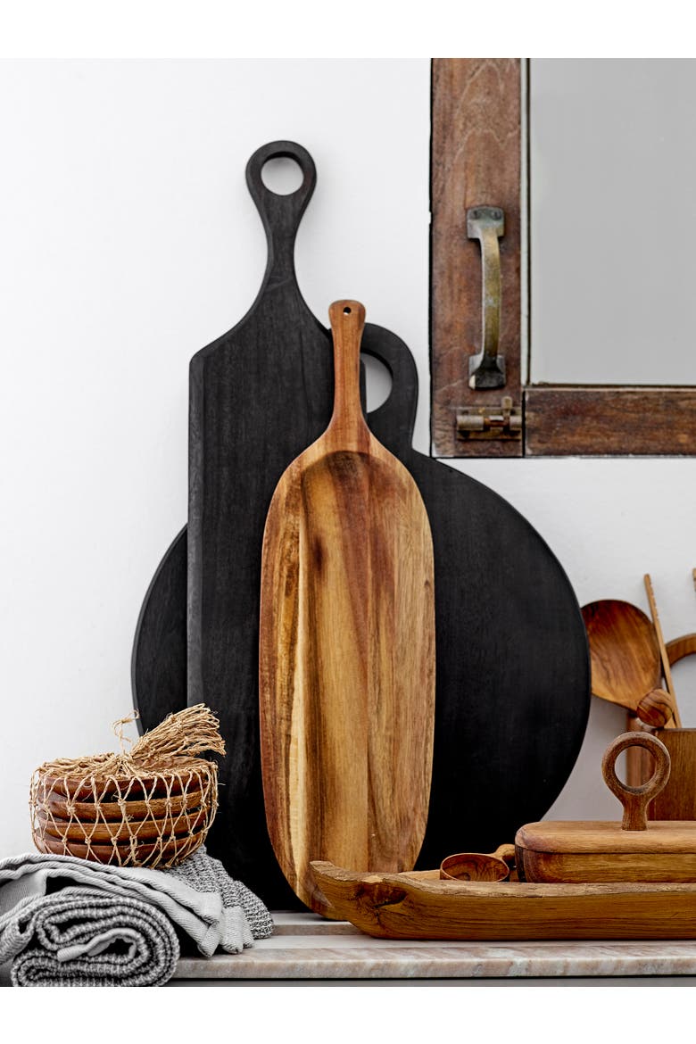 Tall Acacia Wood Cheese and Cutting Board with Round Opening on Handle, Black, Alternate, color, Black
