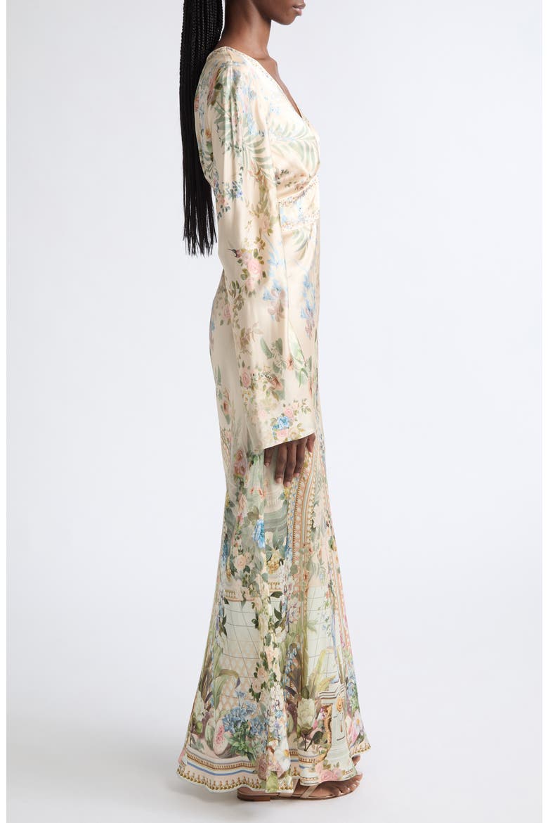 Crystal Embellished Floral Long Sleeve Silk Charmeuse V-Neck Dress, Alternate, color, MIDSUMMER MASTERPIECE