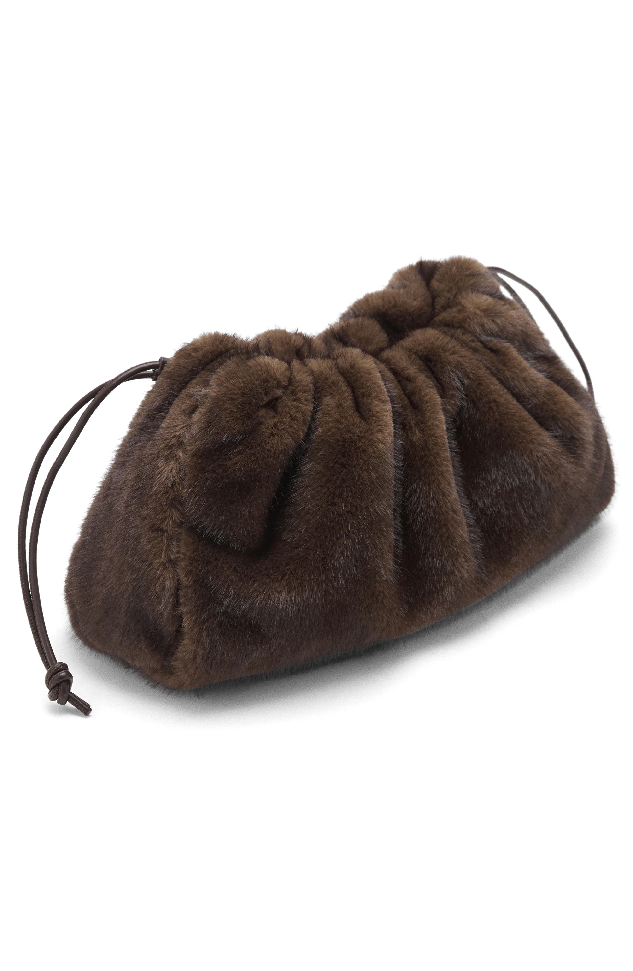 MANGO Faux Fur Darwstring Clutch, Alternate, color, Chocolate
