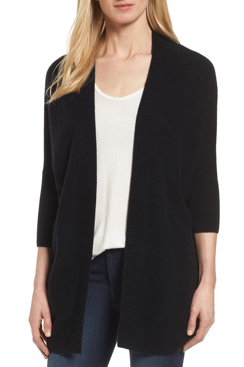 Three-Quarter Sleeve Cashmere Cardigan, Main, color, BLACK