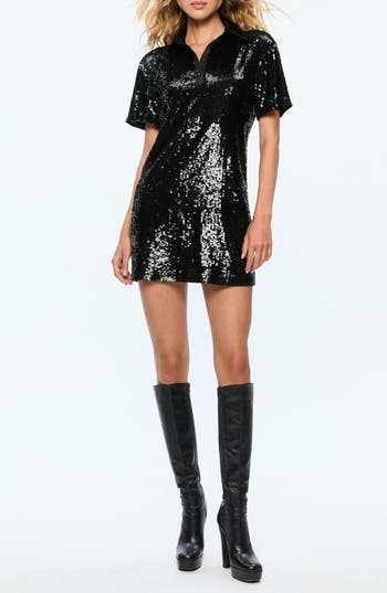 Alice And Olivia Treva Sequin Boxy Oversized Polo Dress In Black