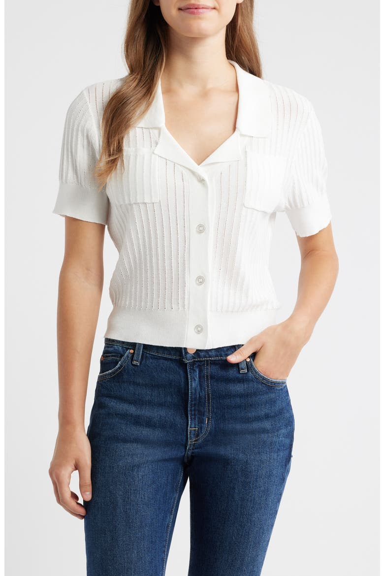 Pointelle Stitch Short Sleeve Cardigan, Main, color, WHITE