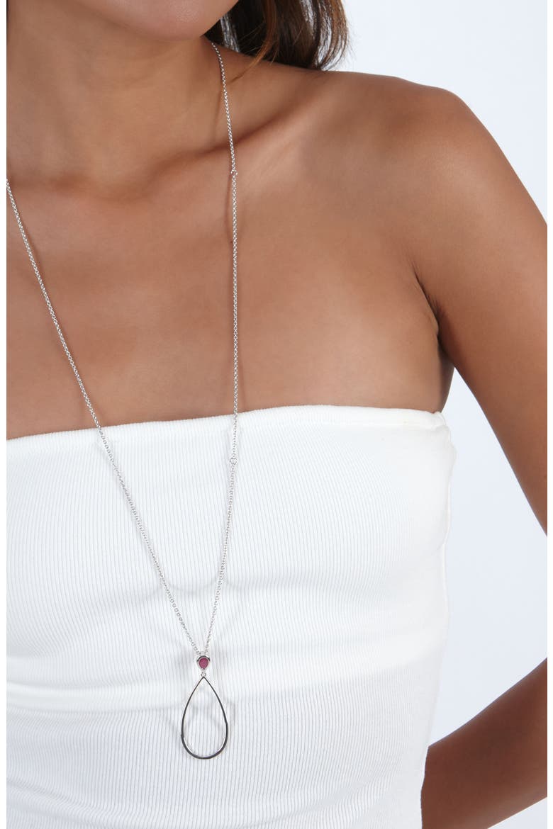 Long Petal Drop Necklace with Pear Cut Ruby, Alternate, color, Sterling Silver