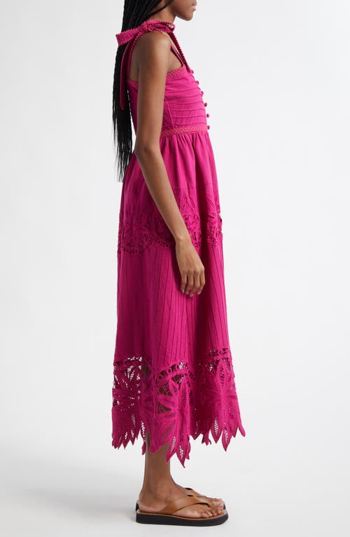 Farm Rio Embroidered Cotton And Linen Midi Dress In Pink