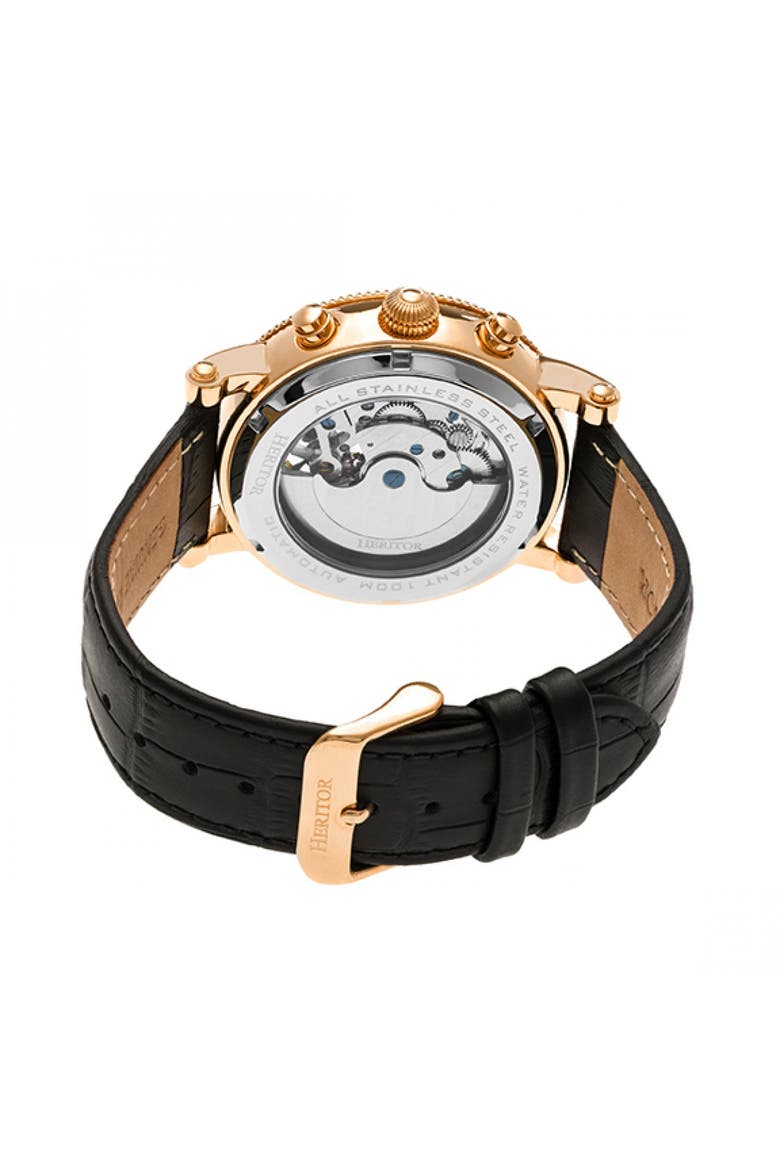 Winston Semi-Skeleton Leather-Band Watch, Alternate, color, Rose Gold/Black