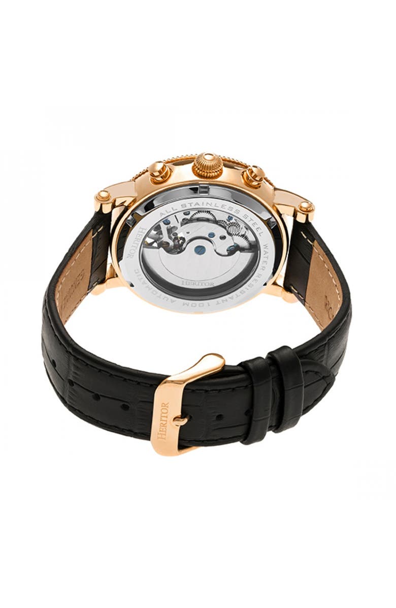 Heritor Automatic Winston Semi-Skeleton Leather-Band Watch, Alternate, color, Rose Gold/Black
