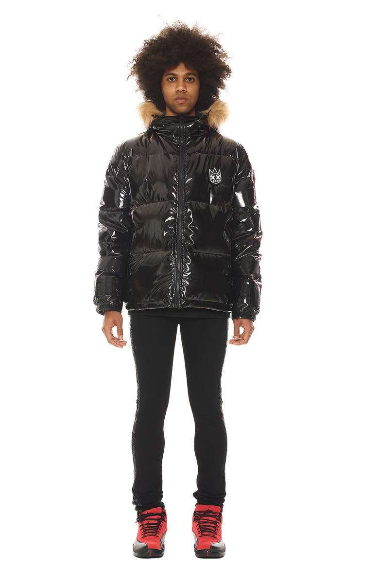 Down Puffer Jacket with Faux Fur Trim, Alternate, color, BLACK