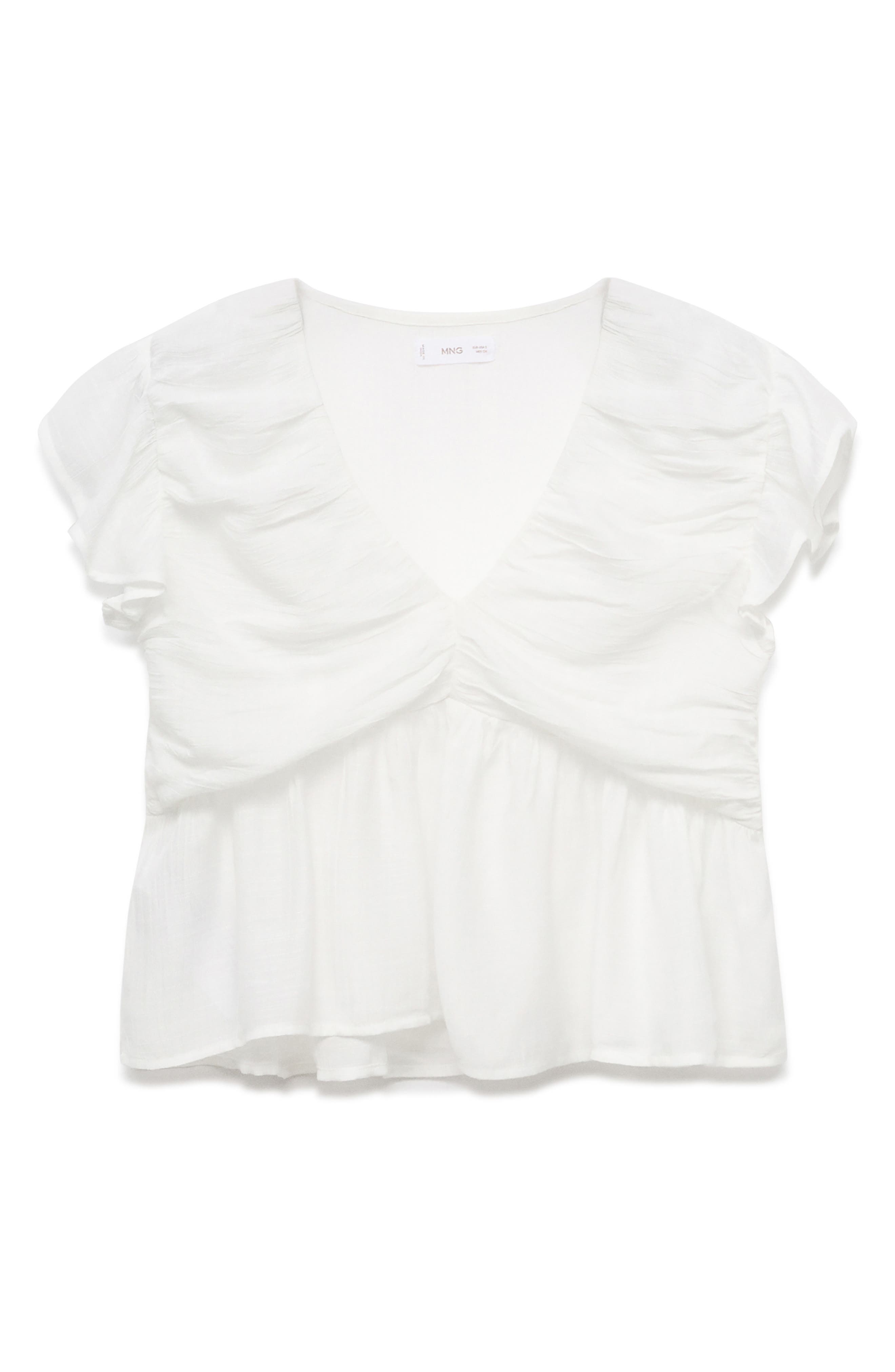 Mango Teen Ruched Ruffle Top In White