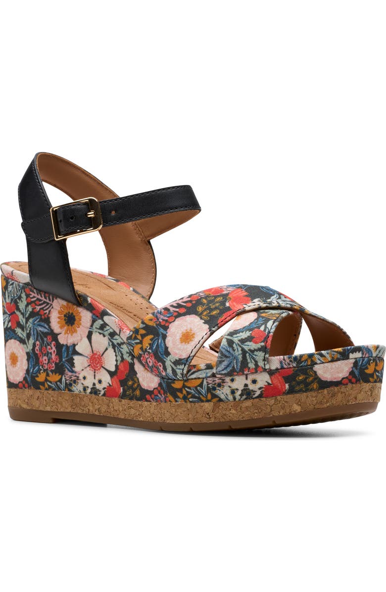 Clarks<sup>®</sup> Chicly Floral Wedge Sandal, Main, color, Black Print