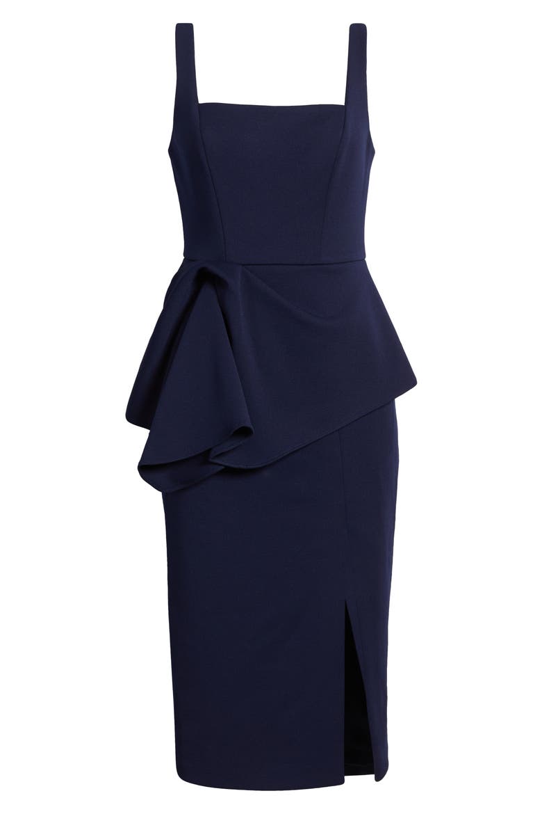 Crepe Peplum Detail Cocktail Midi Dress, Alternate, color, DARK NAVY