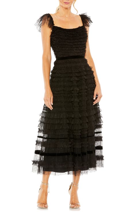 Women's Ruffle Cap Sleeve Embellished Tiered Midi Dress