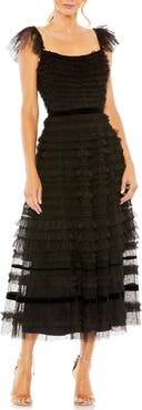 Mac Duggal Women's Ruffle Cap Sleeve Embellished Tiered Midi Dress