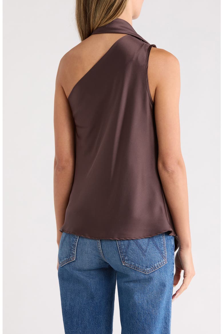 Scarf Detail One-Shoulder Satin Top, Alternate, color, BROWN