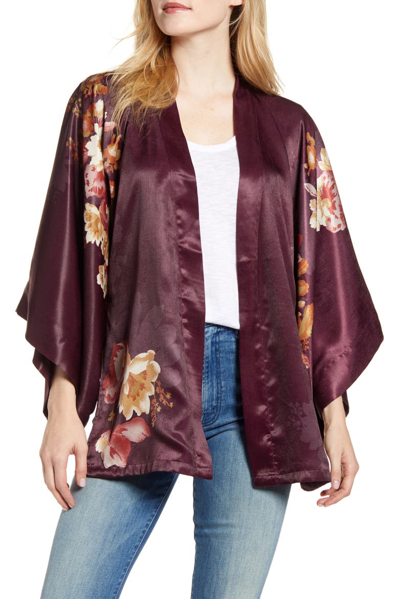Floral Satin Open Jacket, Main, color, BURGUNDY MINTHE KIMONO
