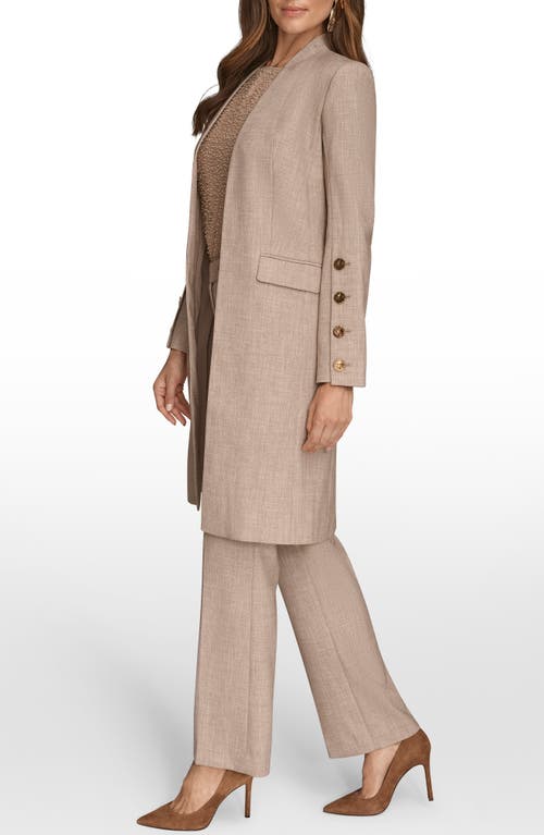 Donna Karan Womens Petites Four Button Long Blazer Coat Sleeveless Boat Neck Tank Top Straight Leg Pant In Brown