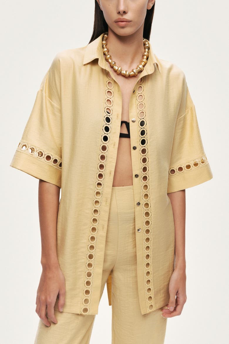 Belted Eyelet Detail Short-Sleeve Jacket, Alternate, color, Yellow