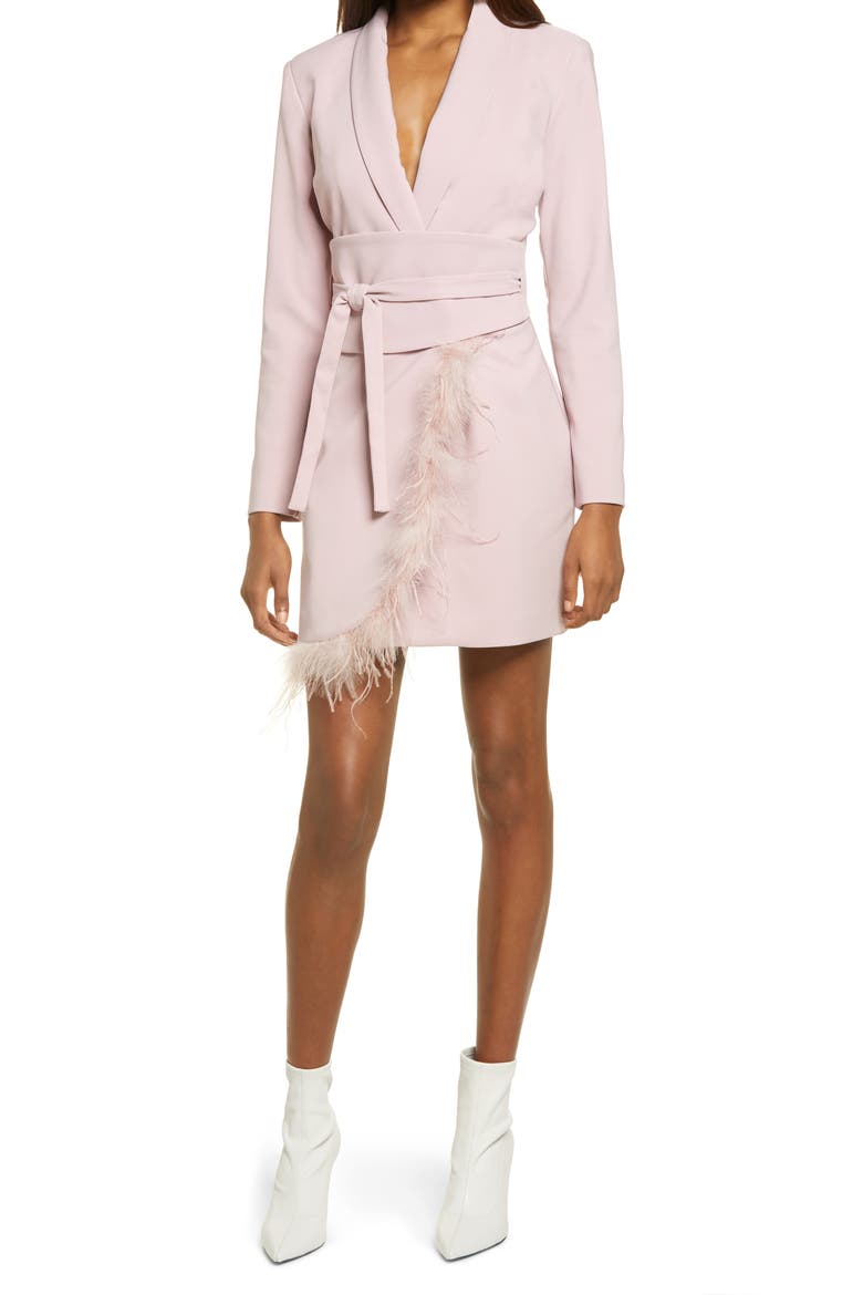 Feather Hem Long Sleeve Blazer Dress, Main, color, MINK