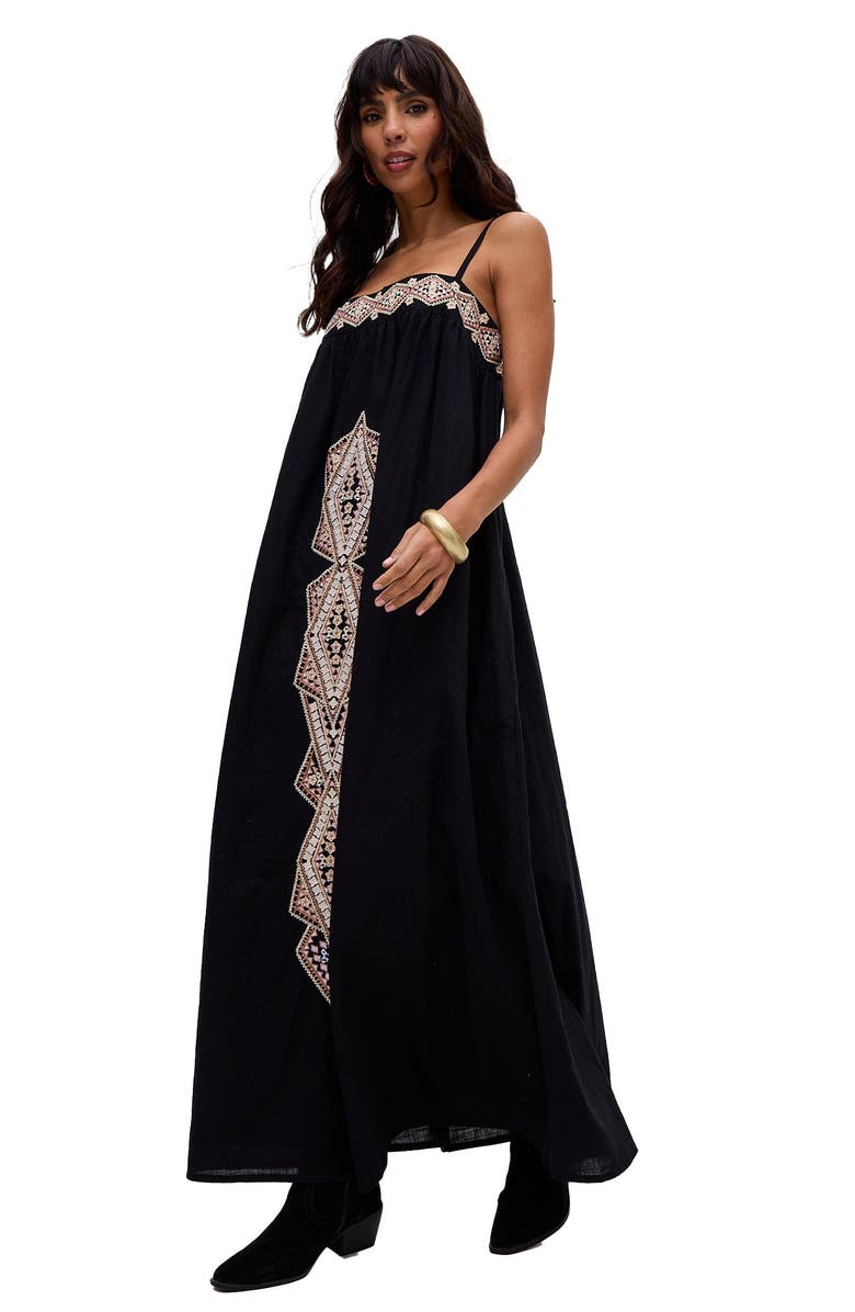 Raffya Sapphire Spaghetti Strap Embroidered Maxi Dress, Main, color, Black