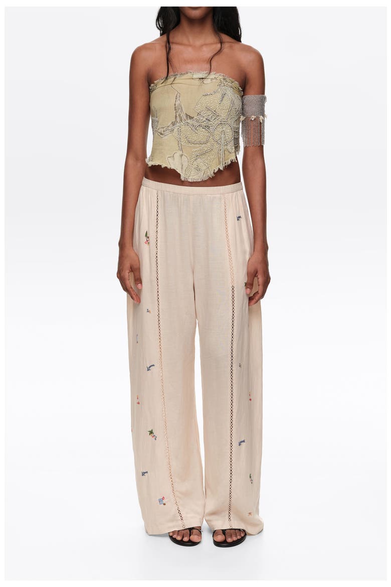 Wide Linen Trousers With Lace And Embroidery, Main, color, SAND