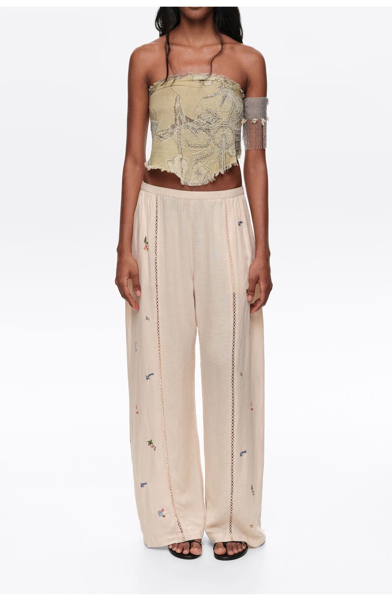 Bimba y Lola Wide Linen Trousers With Lace And Embroidery, Main, color, Sand