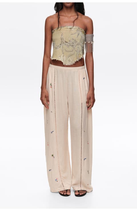 Wide Linen Trousers With Lace And Embroidery
