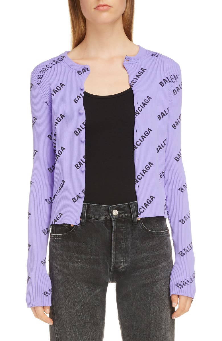 Balenciaga Logo Print Rib Knit Cardigan, Main, color, 
