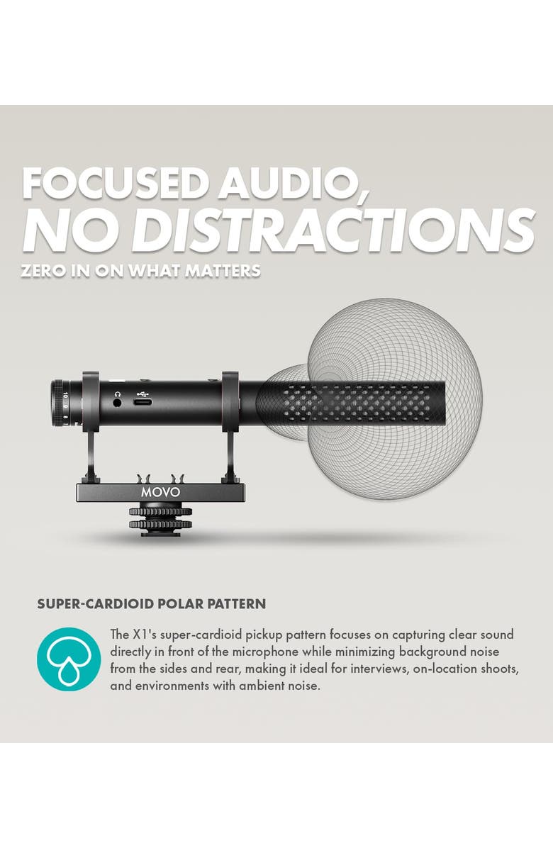 MOVO X1 Supercardioid Shotgun Microphone - 3.5mm/XLR/USB-C Camera Mic for DSLR, Smartphones, and Computers, Alternate, color, Black