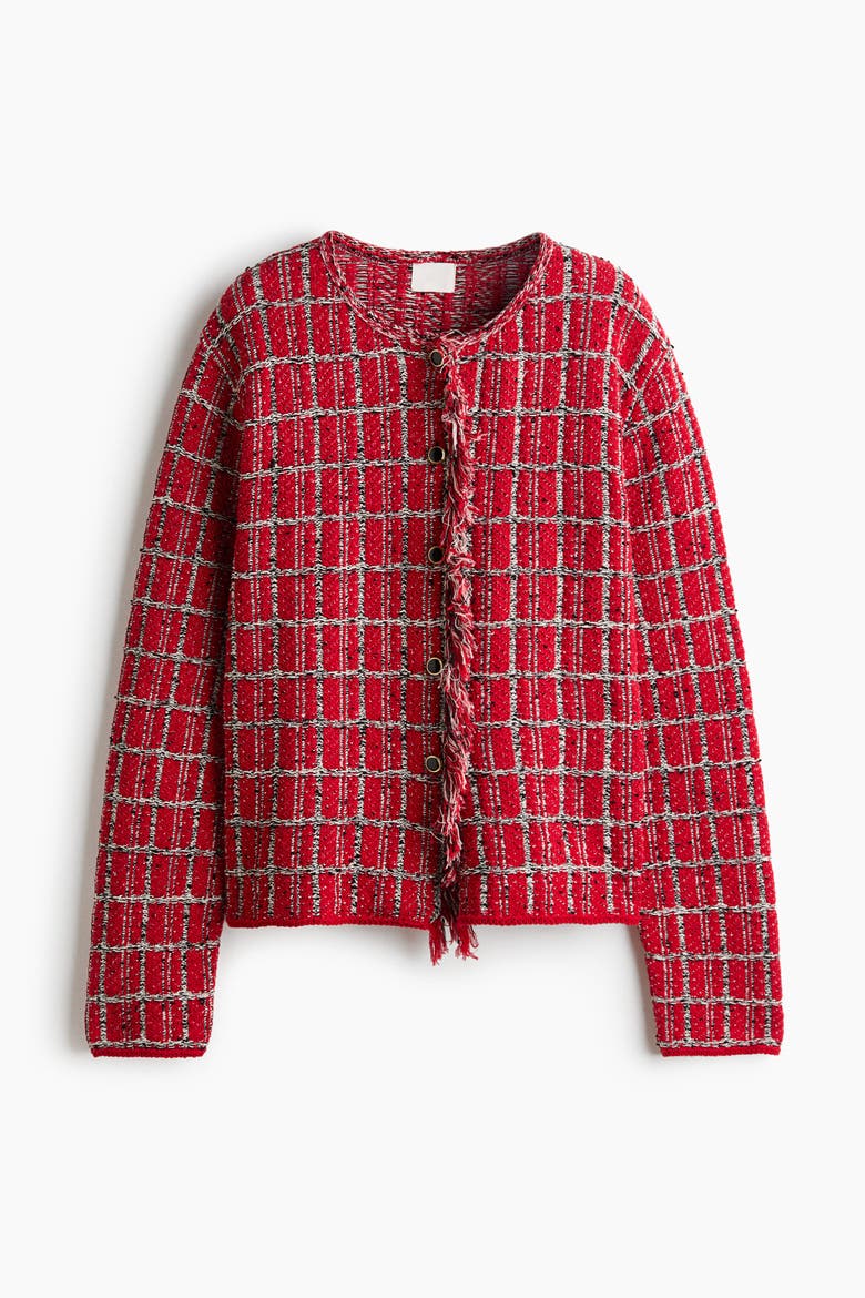 Frayed Jacquard-Knit Cardigan, Alternate, color, Red/patterned