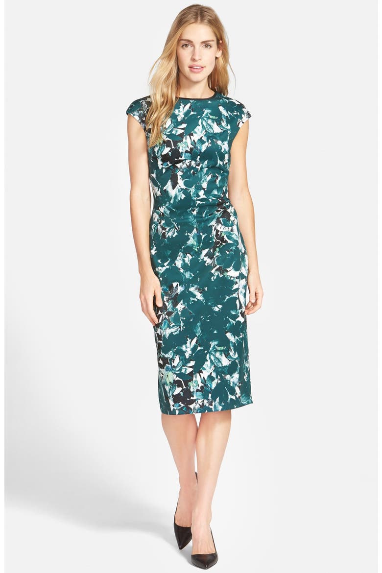 'Shadow Branch' Print Scuba Midi Dress, Main, color, SOFT WHITE/ FOREST GREEN