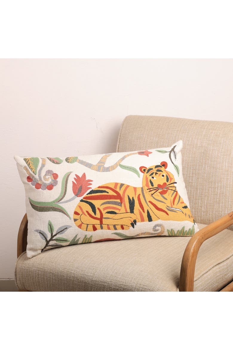 Floral Safari Tiger Pillow | Cotton Fabric, Alternate, color, White