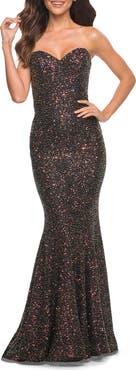 La Femme Black Long Sequin Strapless Gown with Sweetheart Top