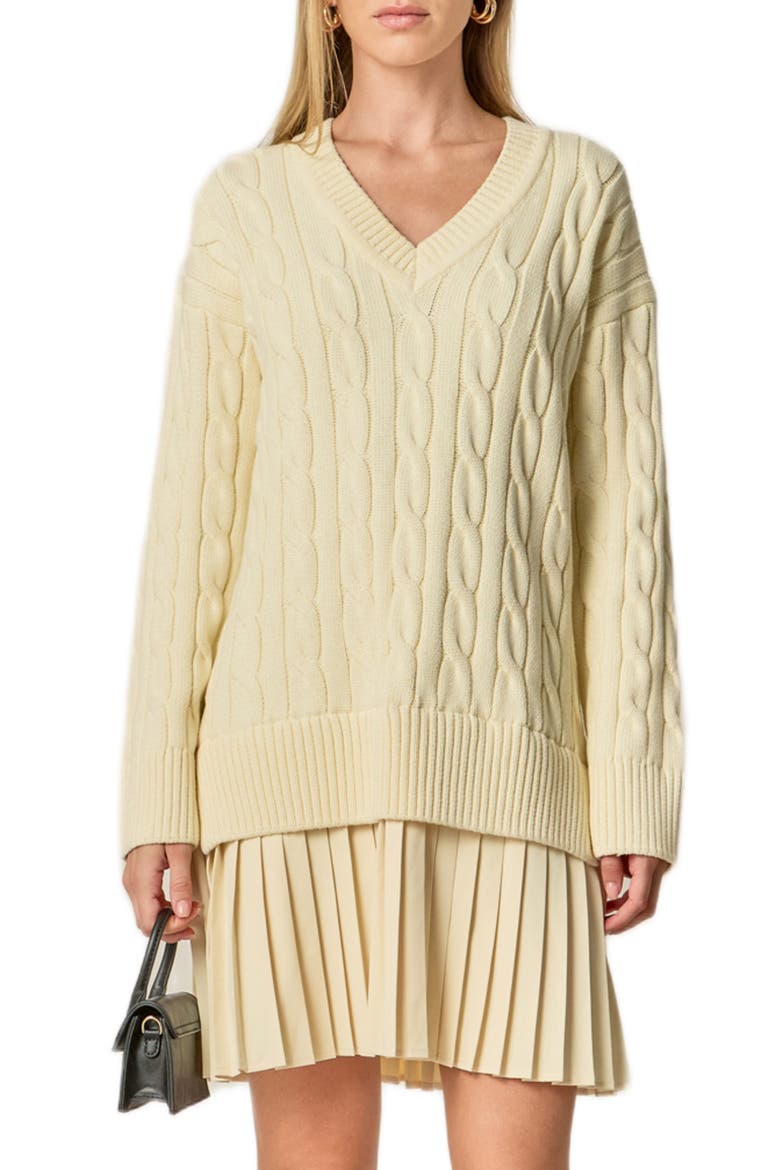 Long Sleeve Pleated Mixed Media Sweater Dress, Main, color, CREAM