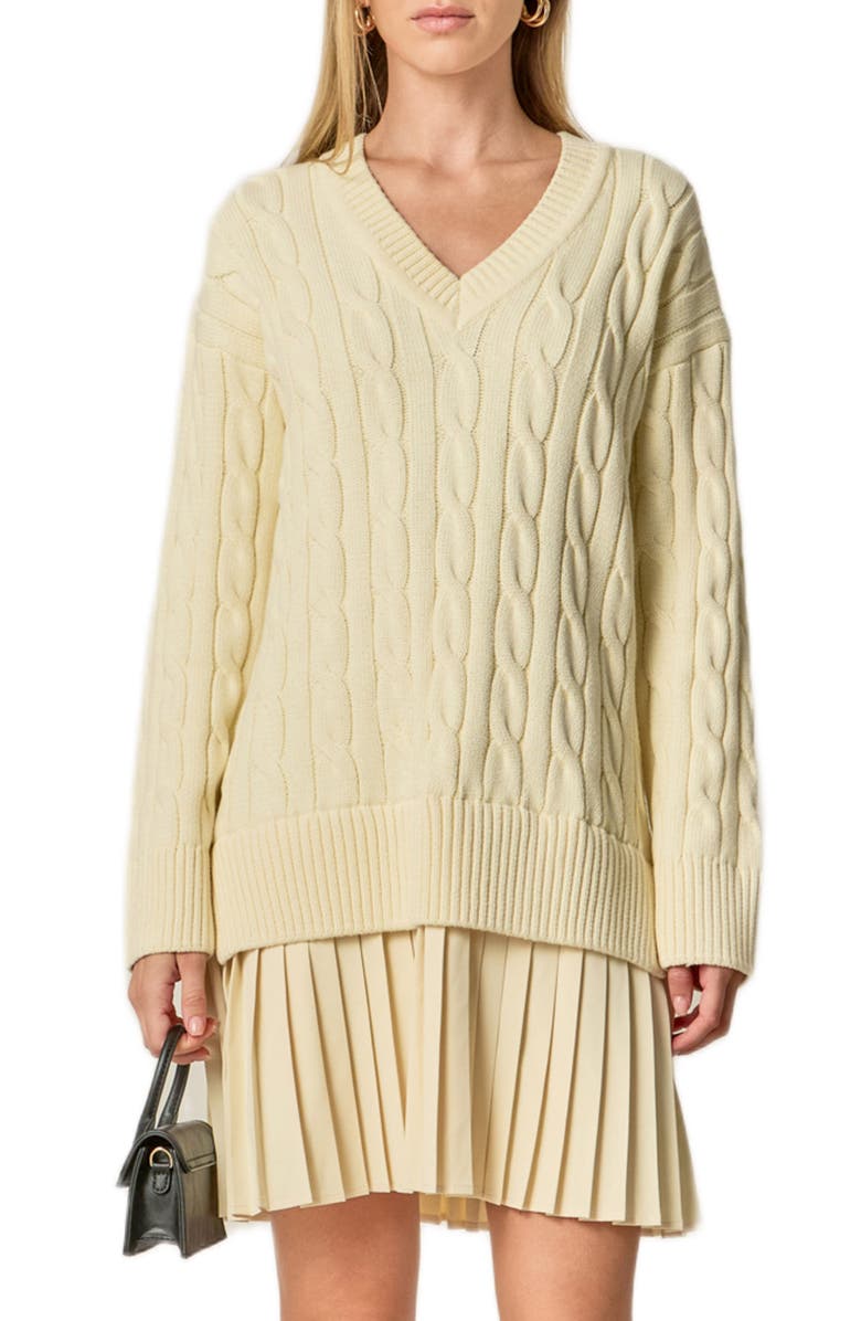 English Factory Long Sleeve Pleated Mixed Media Sweater Dress, Main, color, Cream