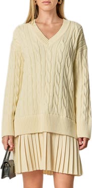 English Factory Long Sleeve Pleated Mixed Media Sweater Dress
