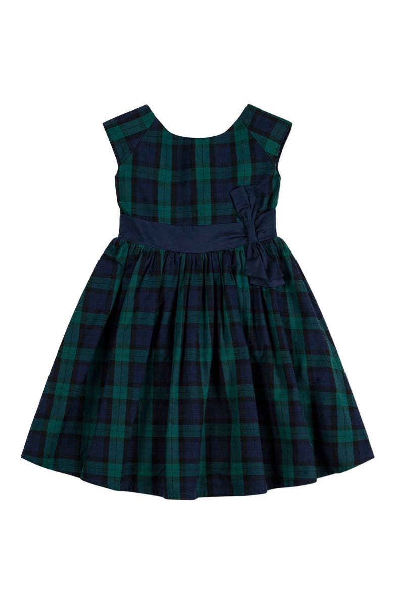 Hope & Henry Girls' Organic Cap Sleeve Party Dress with Bow Sash, Kids, Alternate, color, Black Watch Tartan