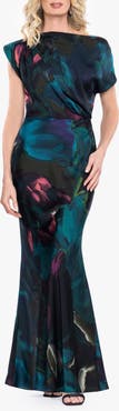 Betsy & Adam Floral Print Satin Gown