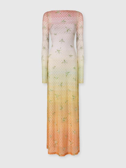 Long Cover-up Dress In Lamé Viscose With Dégradé Spiderweb Motif And Embroidery